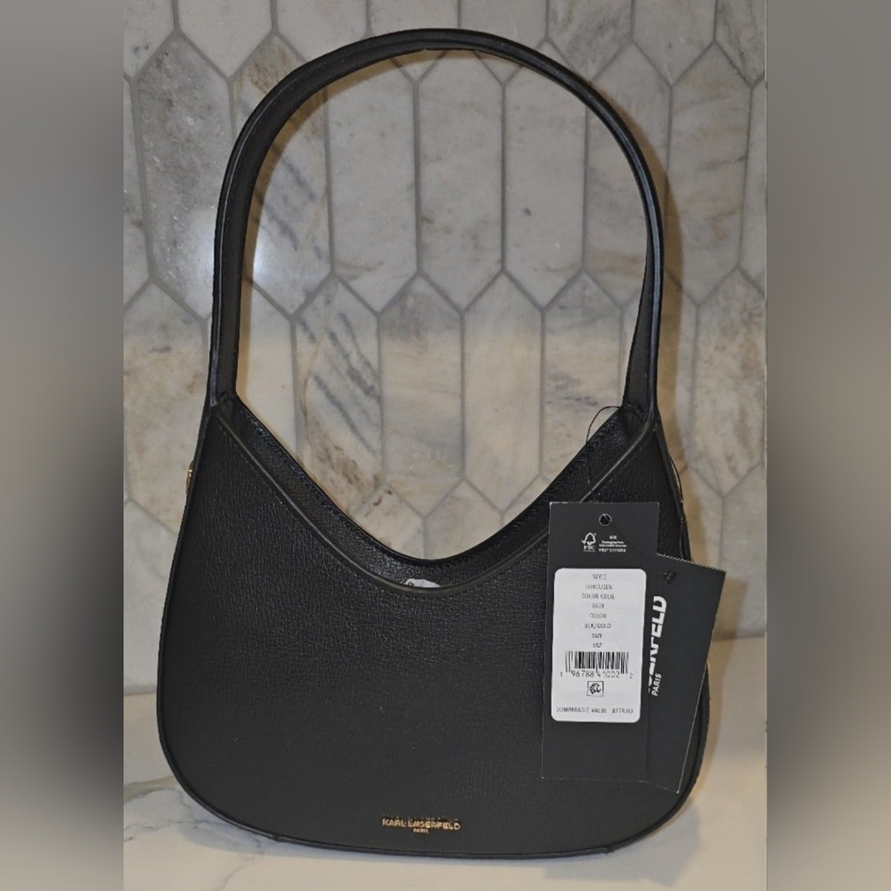 Karl Lagerfeld Black Leather Bag with Gold Lettering